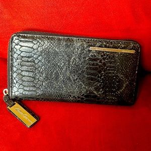 Kenneth Cole Black Snake print zip around wallet clutch